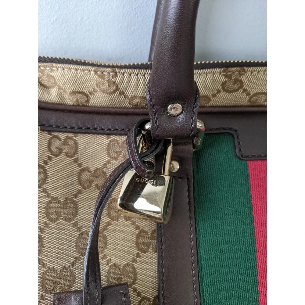 Gucci GG Canvas Web Stripe Briefcase Brown Leather Laptop Bag 246432 COA